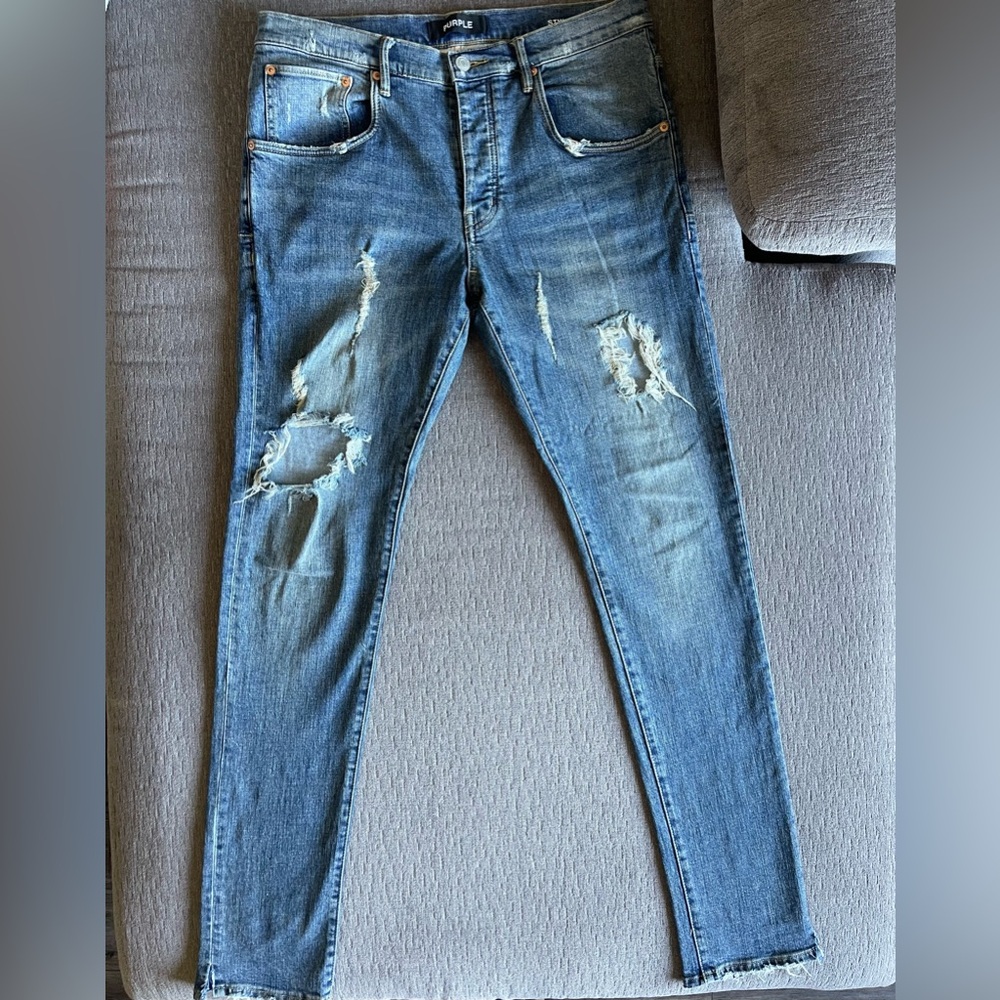 Purple Distressed Blue Skinny Jeans - Ripped Detail